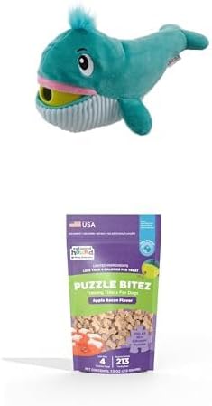 Outward Hound Nina Ottosson Big Mouthz Whale Interactive Plush Dog Puzzle with Treat Ball & Puzzle Bitez Apple Bacon Training Treats - Interactive Dog Toy & Low-Calorie Soft Treats Bundle