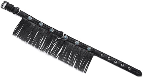 Blueberry Pet Western Fringe Black Microfiber Textured Leather Collar with Turquoise Conchos