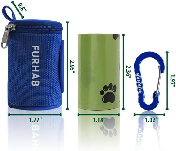 FURHAB Dog Poop Bag Holder for Leash Doggie Waste Bag Dispenser Soft Fabric Puppy Potty Carrier Small Doggy Zipper Pouch with Carabiner Clip 1680D Nylon Oxford with 1 Roll of Pet Trash Bag, Royal Blue