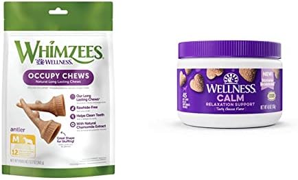 Whimzees by Wellness Occupy Antler Dental Chews for Dogs, Medium Breed, 12 Count + Wellness Calming Soft Chew Dog Supplements, Tasty Cheese Flavored, 45 Count