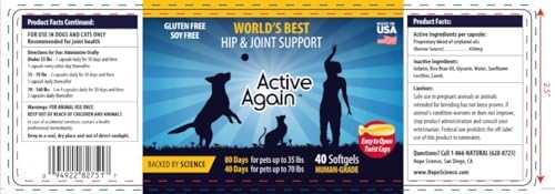 Active Again Hip and Joint Support Supplement for Dogs - Advanced Joint Supplement, Natural Formula, Arthritis Relief & Long-Term Joint Health & Mobility Supplement, 40 Capsules