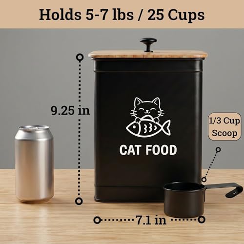 Metal Cat Food Container with Scoop 5-7 lb (25 Cup), w/ Airtight Bamboo Lid