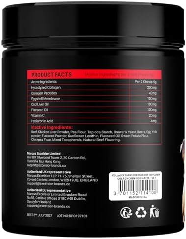 Collagen for Dogs - 150 Chews - Joint, Skin & Coat Supplement with Hyaluronic Acid, Eggshell Membrane & Vitamin C - Daily Hip & Joint Support for Senior Dogs & Puppies - Beef