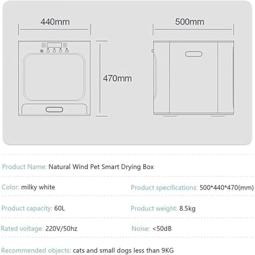 Ultra-Quiet Electric pet Hair Grooming Dryer, 60L Automatic pet Drying Box, 360° Circulation Blowing pet Dryer air Blower, Intelligent Temperature Control, 3 Wind speeds