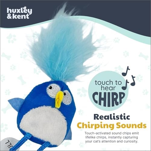 Huxley & Kent Chirpy Interactive Catnip Cat Toy, Bluebird | Touch Activated Chirp Chip with Auto Shut Off, Catnip & Crinkle, Dangly Motion, Soft Plush for Indoor Play