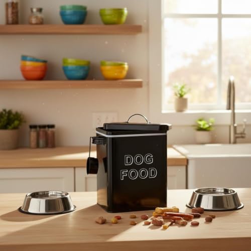 Morezi Metal Dog Food Storage Container Airtight Pet Food Treat Bin 6 lbs, 6 lbs, Carbon Steel, Black