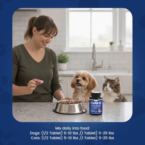 Vitamin B12 Supplement for Small Dogs & Cats with Cobalamin, Folate - Vitamin B12 Dogs and Cats Tablet Energy & Cognitive Support - 120 Chicken Flavored Chewable Tablets -Third Party Tested, Non GMO