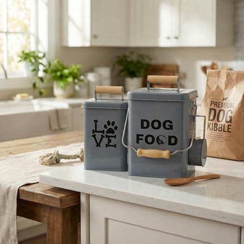 Dog Food Storage Container Set of 2 Dog Treat Container with Airtight Lids Dog, Metal, Grey