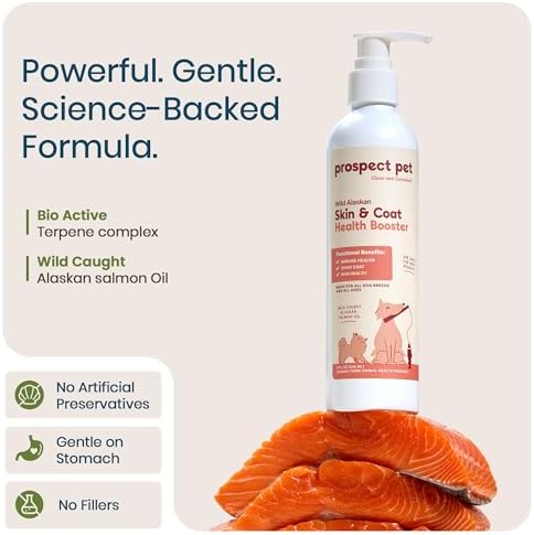 Skin & Coat Health Booster - Wild Alaskan Salmon Oil for Dogs, Liquid Omega 3 Fish Oil Supplement with EPA & DHA Fatty Acids for Coat, Itchy Dry Skin Relief, Shedding, Joints, 8 oz