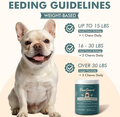 PawGuard French Bulldog Longevity Chews, Probiotics Digestive Enzymes Glucosamine and Chondroitin Soft Chews, Pork Flavor, Gut Skin Coat Immune Joint Support, 60 Count