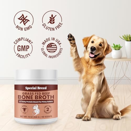 Bone Broth Powder for Dogs and Cats - Dog & Cat Food Topper for Picky Eaters - Grass Fed Beef Bone Broth Supplement - Supports Hydration, Joint, Immunity & Heart Health - Serve Dry or Wet - 19oz