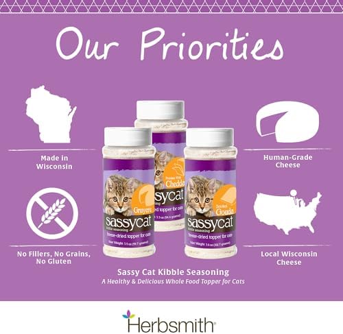 Herbsmith Sassy Cat Kibble Seasoning – Freeze Dried Smoked Gouda – Gourmet Food Topper for Picky Eaters – 100% Human-Grade Cheese for Cats - 3.6 oz