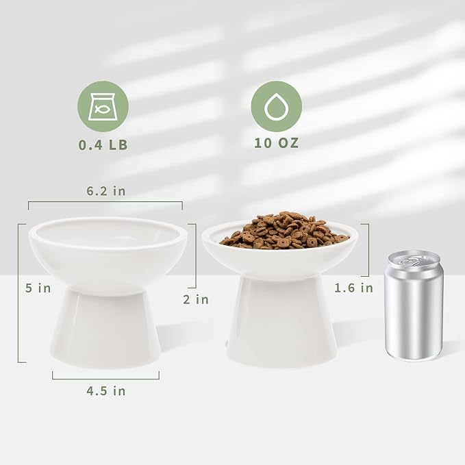 CEEFU 2 Elevated Ceramic Cat Bowls Extra Wide for Food & Water – Whisker Fatigue Shallow Food Dish, Lead & Cadmium-Free, Raised Height for Cats and Dogs, Two Different Depth Bowls, White