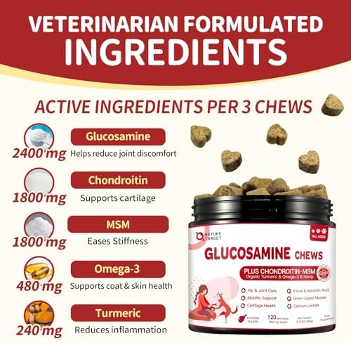 NATURE TARGET Glucosamine for Dogs, Joint Supplement for Dogs with Chondroitin, Dog Allergy Relief Freeze Dried Chews, 120 Chews