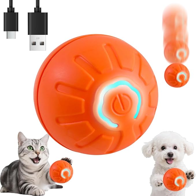 Interactive Self-Moving Pet Toy Ball - Motion-Activated Auto Rolling, Military-Grade Chew Resistant, USB-C Rechargeable for Small Dogs & Cats (Orange, Small)
