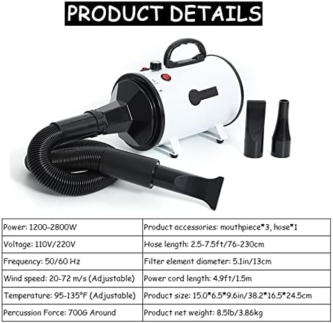 Pet Dryer, Dog Hair Dryer Blower Quick Grooming, Noise Reduction High Velocity Air Forced Dryer Adjustable Speed,Dogs Grooming Bath for Small Medium Large Dogs Cats,White