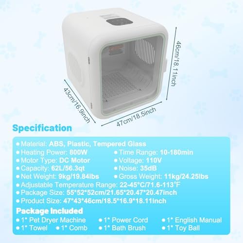 62L Pet Dryer Box for Cats and Small Dogs 【Fastest 15-Minute Drying】, 35dB Ultra Quiet Automatic Cat Dryer Box, 360° Full Body Drying, Removable Base, with Light and Skylights