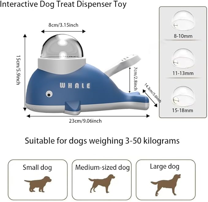 Interactive Dog Treat Dispenser Toy, Whale Shape Puzzle Feeder with Press Button and Rotating Design, Blue and White, Slow Feeding Game for Dogs and Cats