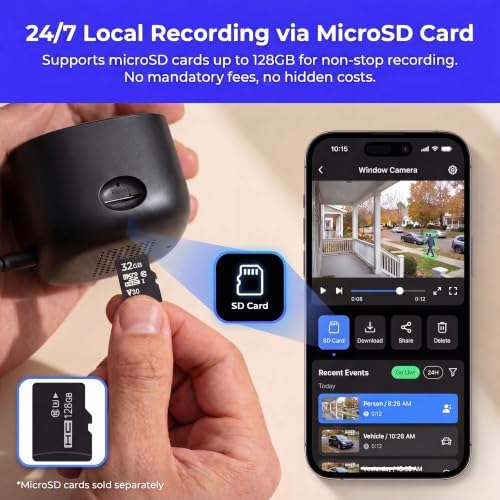 No-Drill Window Camera, 3MP 2K Camera for Home Security, View Outside Through Glass, Color Night Vision, Motion Alerts, 24/7 Recording, Dual-Band WiFi (Black, Dome)