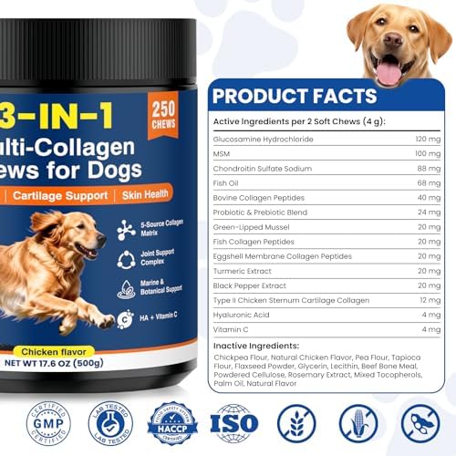Multi Collagen Soft Chews for Dogs 250 Count for Hip & Joint Supplement Skin & Coat Health Cartilage Mobility Support with Glucosamine Probiotics Hyaluronic Acid Eggshell Membrane (Chicken Flavor)
