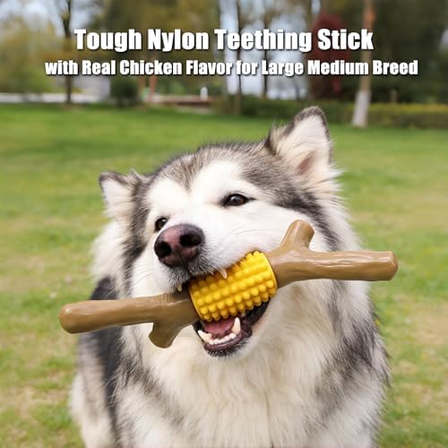 SCHITEC Dog Chew Toy for Aggressive Chewers, Tough Nylon & Rubber Teething Stick Toy to Keep Them Busy, Durable Dog Chew Bone for Large Medium Breed, Chicken Flavor