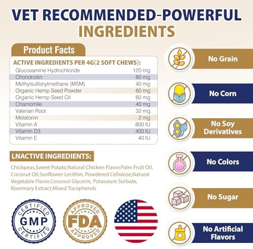 Hip and Joint Supplement for Dogs 200 Hemp Dog Calming Chews with Glucosamine, Chondroitin, Msm, Omega 3, Melatonin for Senior Dogs Anxiety, Dog Pain Relief Anti Inflammatory Small/Medium/Large Breed