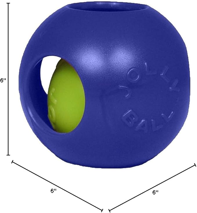 Jolly Pets Teaser Ball Interactive Dog Toy, 6 in Medium, Blue | Ball-within-a-ball puzzle toy that floats - add peanut butter to the inner ball for extra fun