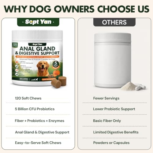Anal Gland Support for Dogs, Pumpkin Fiber Chews with Probiotics Digestive Enzymes, Helps Manage Scooting & Rear Odors, Promotes Firm Stools & Dog Bowel Health, Peanut Butter Chews, 120 Ct