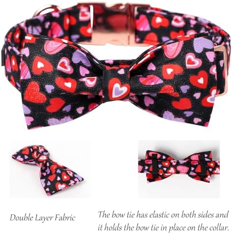 Lionet Paws Valentines Dog Collar Bowtie, Dog Bowtie Collar with Metal Buckle for Dogs, Adjustable Fabric Black Dogs Collars Girl Boy, S, Neck 10-16 in