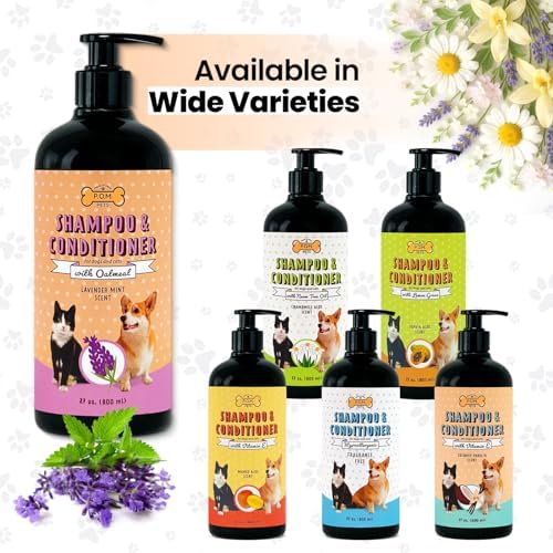 POM Pets 2-in-1 Organic Dog Shampoo & Conditioner – Itchy Skin Relief, Dog Deshedding, Detangles Fur, Cat Shampoo, Paw Cleaner for Dogs, Natural Coat Defense Formula