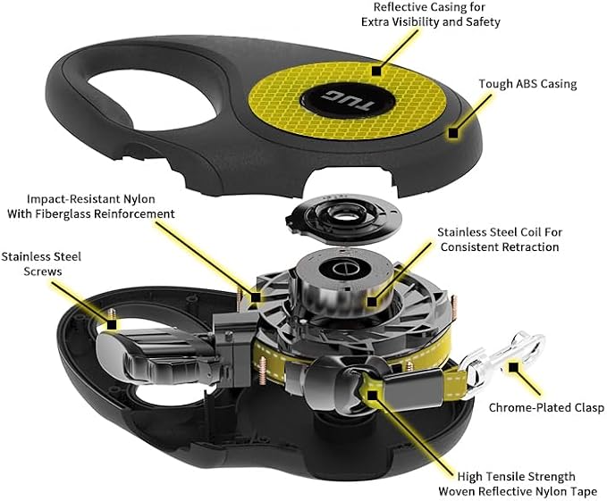 TUG 360° Tangle-Free Reflective Retractable Dog Leash | 16 ft Strong Nylon Tape (Large)