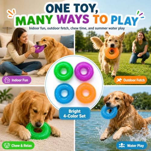 Dog Chew Toy, Squeaky Floating Donut Rings, 4-Pack, Aggressive Chewers