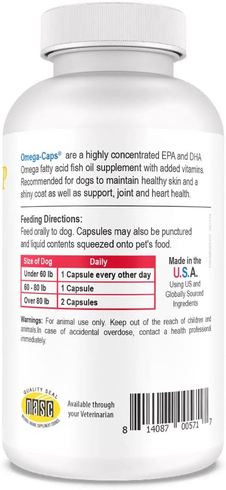 Omega-Caps HP Fish Oil for Dogs | High Potency EPA & DHA Omega-3 Supplement | Supports Skin, Coat, Joint, Heart & Immune Health | Snip Tip Capsules | Medium & Large Dogs | 250 Count
