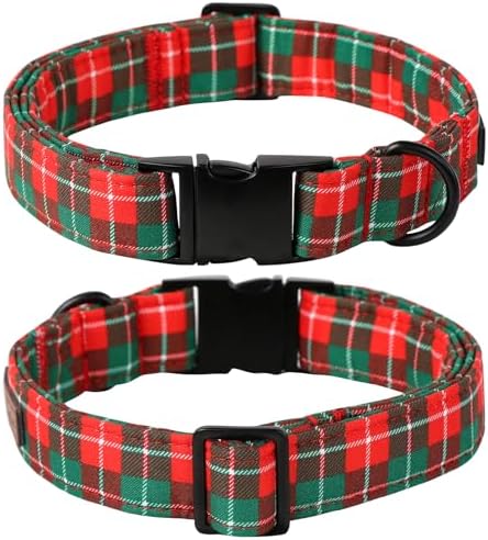 Lionet Paws Christmas Dog Collar, Cute Winter Red Green Dog Collar for Large Dogs, Adjustable Cotton Grid Pet Collars for Medium Large Dogs