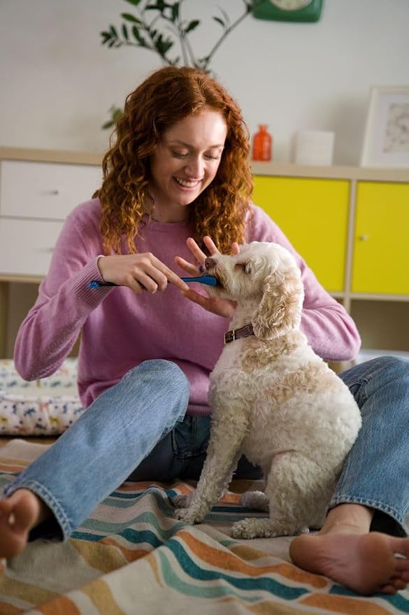 Brushmate Dual-Size Angled Soft Brush Heads Toothbrush for Pet Puppies, Dogs, and Cats - Ergonomic Handle, Long Neck, Special Rubber Stimulators - Dental Care Tool for Healthy Oral Hygiene