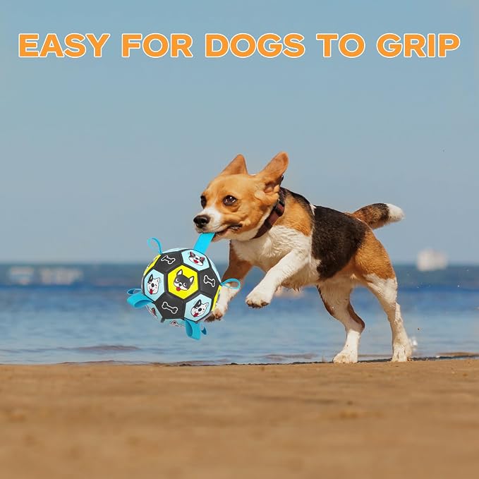 Dog Toy Soccer Ball with Straps, Herding Ball for Dogs, Outdoor Interactive Dog Toy, Dog Fetch Toy, Ideal for Medium & Large Dogs, Great Puppy Birthday (6 Inch)