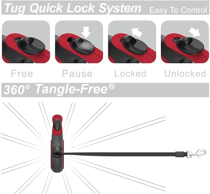 TUG Tiny Retractable Dog Leash, 10 ft (Extra Small, Red) | 360° Tangle-Free Retraction, 10 ft Tape, Quick Thumb Lock, Anti-Slip Handle, For Pets Under 26 lbs