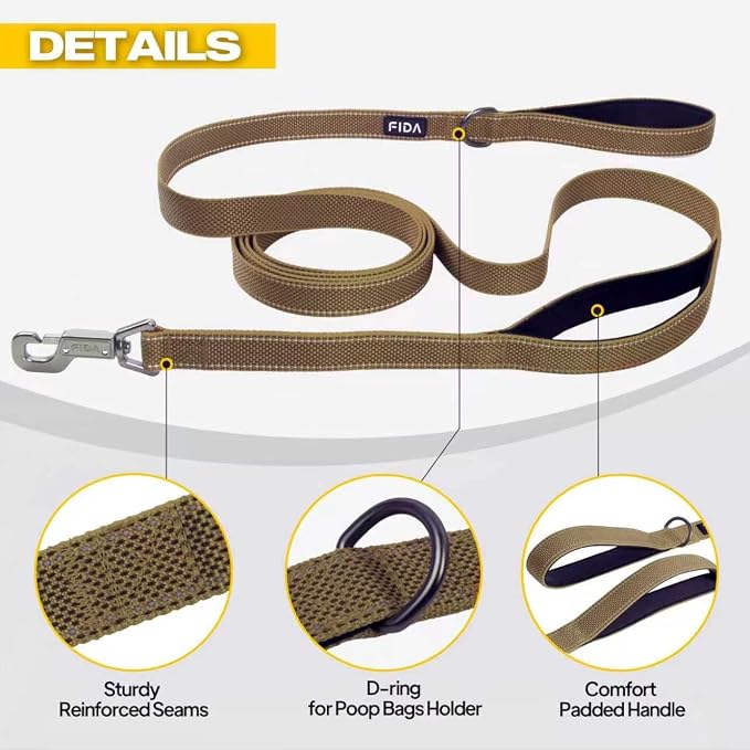 Fida 10ft Heavy Duty Dog Leash with 2 Comfortable Padded Handles, Traffic Handle & Advanced Easy Snap Hook, Reflective Walking Lead for Large, Medium & Small Breed Dogs, Brown