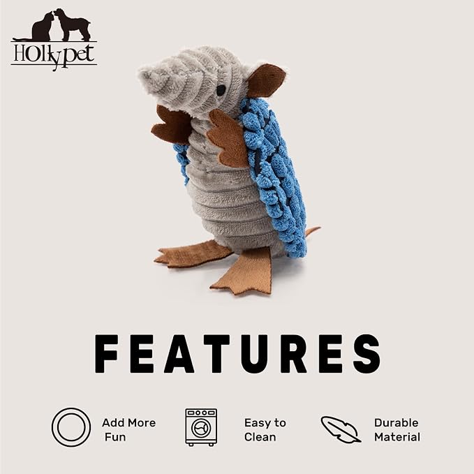 Hollypet Armadillo Squeaky Puppy Dog Toys for Small Medium Dogs, 6" | plush stuffed small dog squeak animal toy with unique grunt squeaker textured fabric for teeth cleaning toys