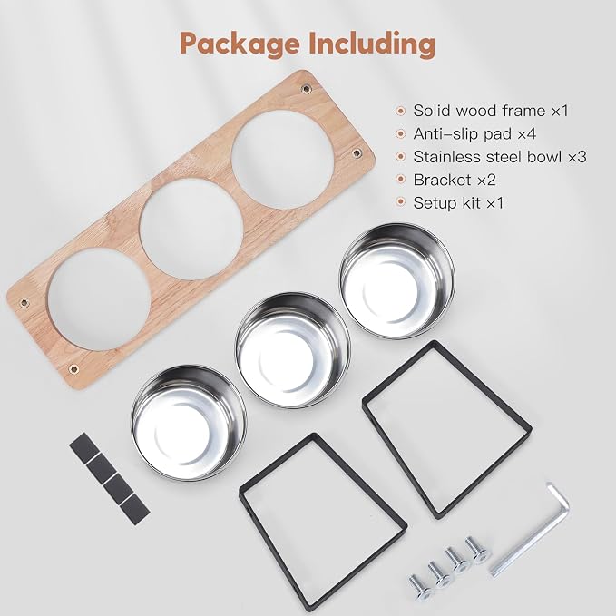 Elevated Cat Bowls with 3 Stainless Steel Bowls, 15° Tilted Raised Cat Food Bowl Wood Pet Bowls with Stand Anti Vomiting 2 Stainless Steel Bowl for Cats and Puppy