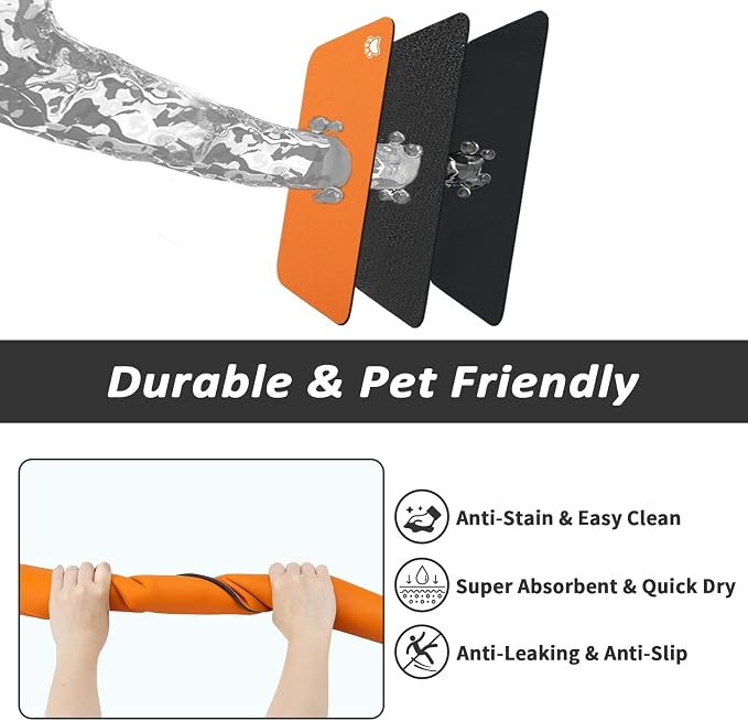 HotLive Dog Food Mat - Absorbent Cat Mat for Food and Water, No Stains Pet Feeding Bowl Mat, Easy to Clean Pet Placemats, Quick Dry Dog Water Dispenser Mat for Messy Drinkers | Paw Orange 24"x36"