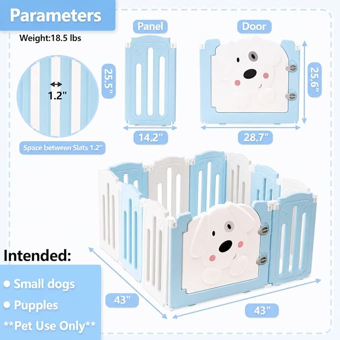 Puppy Play Pen for Indoors, Foldable Puppy Playpen With Cute Dog Shape Door, Puppy Playpen for Indoor Small Dogs, 25.5" H 10-Panel Adjustable Puppy Craten for Living Room and Bedroom(Blue&White)