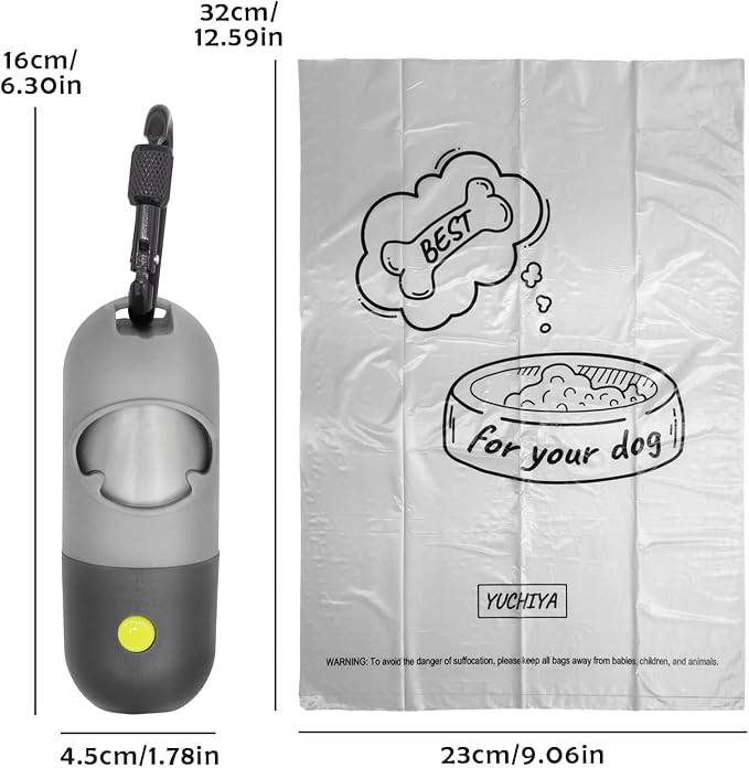 Dog Poop Bags Holder with LED Flashlight|Pet Waste Bags Dispenser for Leash|Doggie Potty Bags Container with Leak-proof Pet Trash Bags and Accessories (1 Holder 15 Bags, Grey and Black)