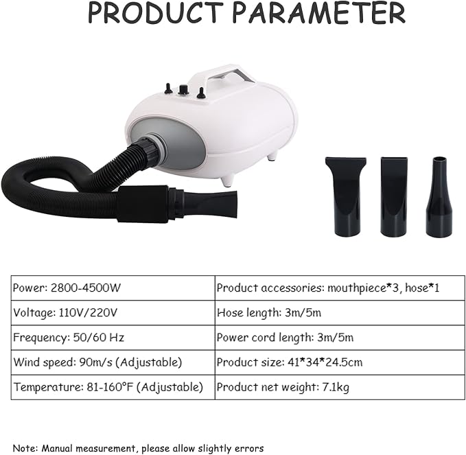 Dog Dryers High Velocity 3200W, 4.3hp, Dog Dryers Grooming Professional Quiet with Dual Motors Home Grooming Business for Small Medium Large Dogs Cats Pets,White