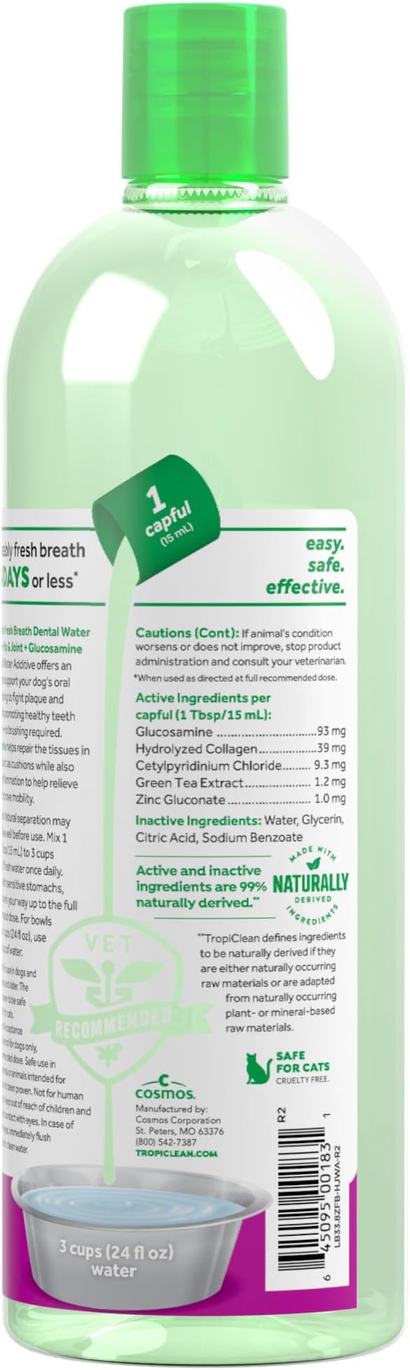 TropiClean Fresh Breath Water Additive for Hip & Joint Support, 33.8oz | with Glucosamine | Freshens Breath & Cleans Teeth | No Toothpaste or Toothbrush Required
