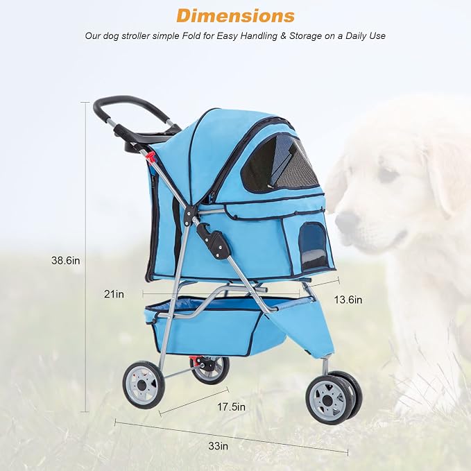 BestPet 3-Wheel Jogger Pet Stroller - Blue, Cup Holder & Removable Liner