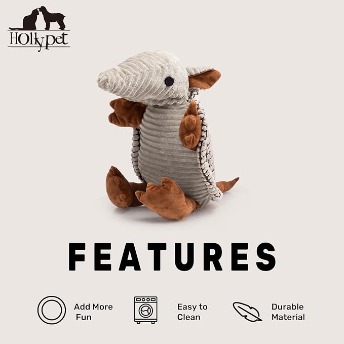 Hollypet Plush Dog Squeaky Toy Stuffed Armadillo Animal Pet Puppy Chew Toys with Clean Teeth for Small Medium Large All Breed Sizes Dogs, Gray, 10 in | plush stuffed large dog squeak animal toy with unique grunt squeaker textured fabric for teeth clean...