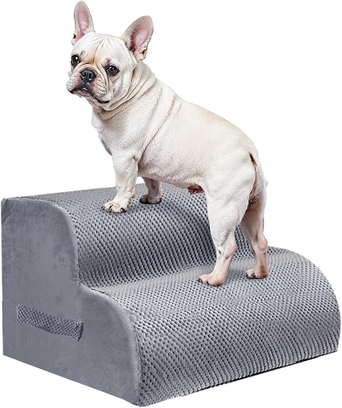 PAWSCRAT Dog Stairs for Small Pets, 11.8" H with 30D Material Soft Foam, Portable Ramp Non-Slip Surface Non-Slip for Couch and High Bed Climbing, 2-Step Stairs for Cat or Dog, LightGrey