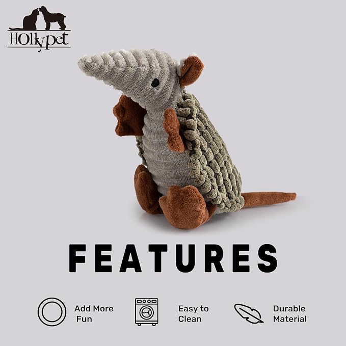 Hollypet Armadillo Squeaky Puppy Dog Toys for Small Medium Dogs, 8" | plush stuffed small dog squeak animal toy with unique grunt squeaker textured fabric for teeth cleaning toys