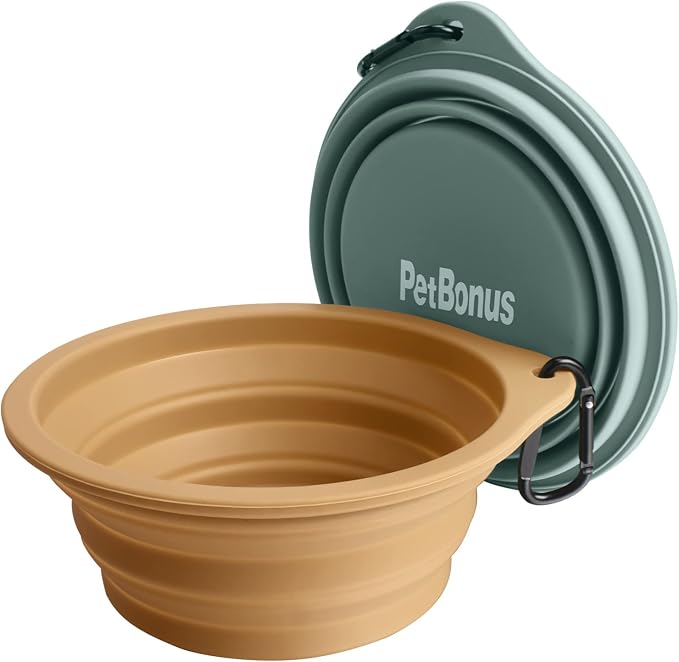 PetBonus Collapsible Dog Bowls, 2 Pack, Turquoise, Tan